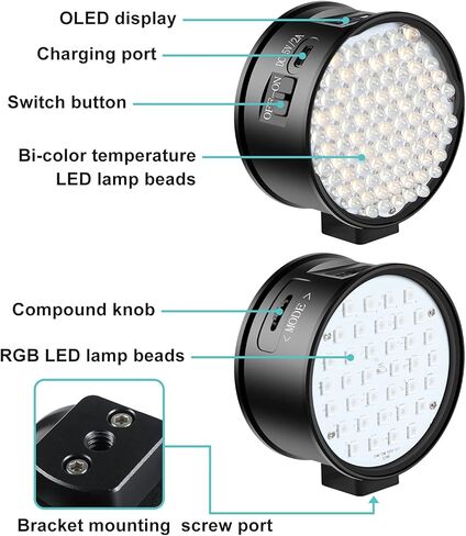 ضوء فيديو RGB، ضوء كاميرا LED مزدوج الجوانب RGB + ثنائي اللون، إضاءة LED قابلة لإعادة الشحن 3000 مللي أمبير في الساعة CRI 97+، 2700K-6500K، RGB 0-360 ضوء فيديو مزدوج الوجهين بالألوان الكاملة للتصوير الفوتوغرافي ومدونات الفيديو in Saudi Arabia