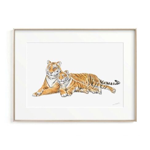 Tiger Mom and Cub Art Print, Cute Baby Boho Painting, Best Mom Gift, Boy Neutral Nursery Cute Forest Minimalist Wall Art, UNFRAMED, Signed by Artist in Kuwait
