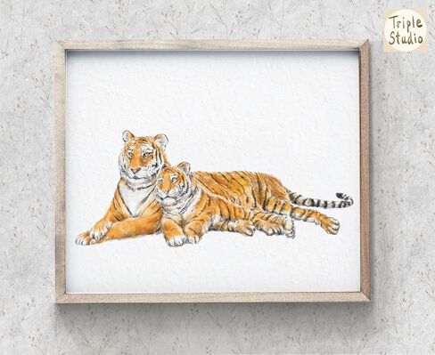 Tiger Mom and Cub Art Print, Cute Baby Boho Painting, Best Mom Gift, Boy Neutral Nursery Cute Forest Minimalist Wall Art, UNFRAMED, Signed by Artist in Kuwait