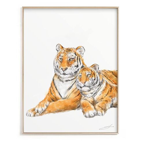Tiger Mom and Cub Art Print, Cute Baby Boho Painting, Best Mom Gift, Boy Neutral Nursery Cute Forest Minimalist Wall Art, UNFRAMED, Signed by Artist in Kuwait