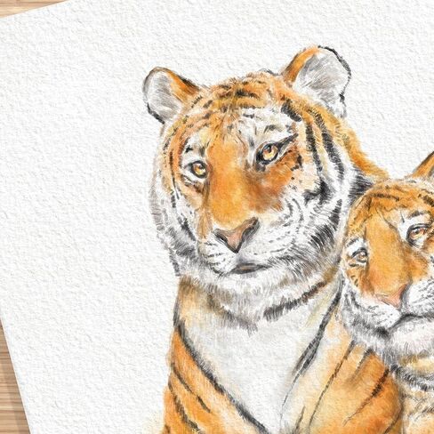 Tiger Mom and Cub Art Print, Cute Baby Boho Painting, Best Mom Gift, Boy Neutral Nursery Cute Forest Minimalist Wall Art, UNFRAMED, Signed by Artist in Kuwait