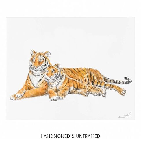 Tiger Mom and Cub Art Print, Cute Baby Boho Painting, Best Mom Gift, Boy Neutral Nursery Cute Forest Minimalist Wall Art, UNFRAMED, Signed by Artist in Kuwait