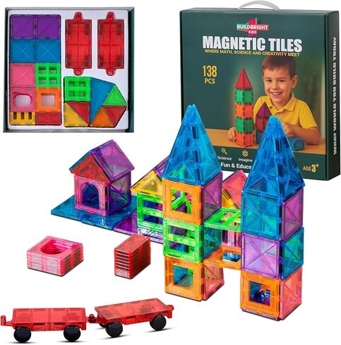 Magnetic Tiles 138 PCS with Play Mat & Storage Hamper – 2 Magnetic Cars Included – Montessori STEM Building Blocks Toys for Kids Ages 3-8 – Educational Construction Set Birthday Gift in Kuwait