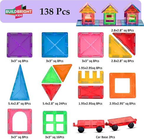 Magnetic Tiles 138 PCS with Play Mat & Storage Hamper – 2 Magnetic Cars Included – Montessori STEM Building Blocks Toys for Kids Ages 3-8 – Educational Construction Set Birthday Gift in Kuwait