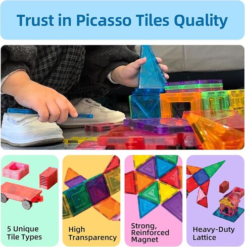Magnetic Tiles 138 PCS with Play Mat & Storage Hamper – 2 Magnetic Cars Included – Montessori STEM Building Blocks Toys for Kids Ages 3-8 – Educational Construction Set Birthday Gift in Kuwait