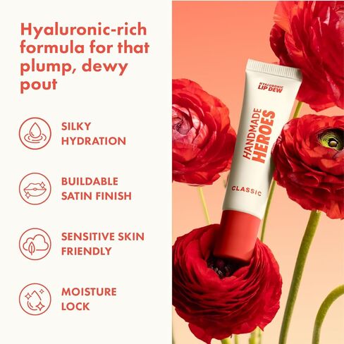 Handmade Heroes 100% Natural Vegan Tinted Lip Gloss with Hyaluronic Acid - Lightweight Moisturizing Soft Lipstick for Dry Lips - Classic (Red) in Kuwait