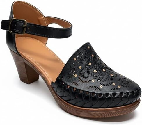 Women’s Handmade Leather Heels Mexican Artisan Platform Chunky Heel with Laser Cut Floral Design and Ankle Strap- Model 153CU in Kuwait