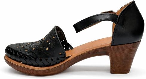 Women’s Handmade Leather Heels Mexican Artisan Platform Chunky Heel with Laser Cut Floral Design and Ankle Strap- Model 153CU in Kuwait