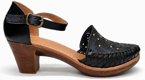 Women’s Handmade Leather Heels Mexican Artisan Platform Chunky Heel with Laser Cut Floral Design and Ankle Strap- Model 153CU in Kuwait