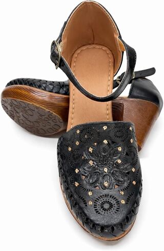 Women’s Handmade Leather Heels Mexican Artisan Platform Chunky Heel with Laser Cut Floral Design and Ankle Strap- Model 153CU in Kuwait