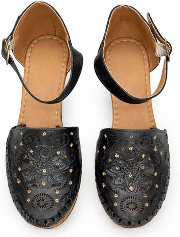 Women’s Handmade Leather Heels Mexican Artisan Platform Chunky Heel with Laser Cut Floral Design and Ankle Strap- Model 153CU in Kuwait