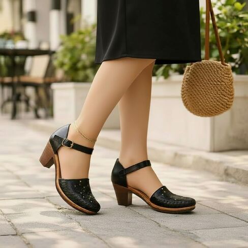 Women’s Handmade Leather Heels Mexican Artisan Platform Chunky Heel with Laser Cut Floral Design and Ankle Strap- Model 153CU in Kuwait