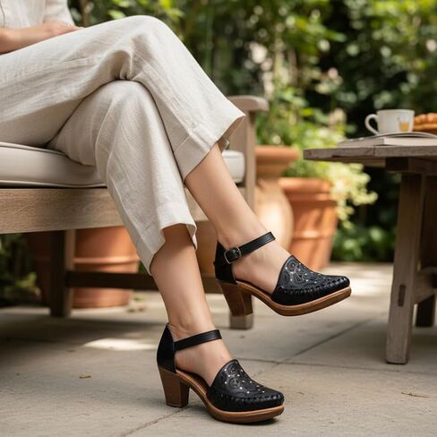 Women’s Handmade Leather Heels Mexican Artisan Platform Chunky Heel with Laser Cut Floral Design and Ankle Strap- Model 153CU in Kuwait