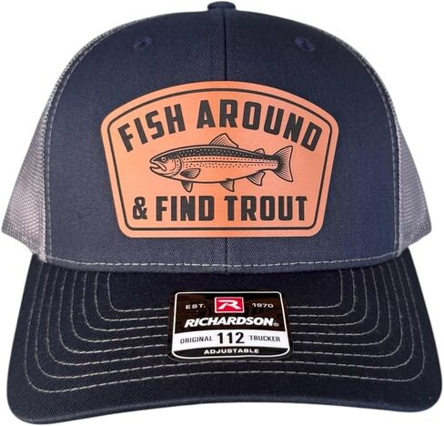 قبعة صيد الأسماك المضحكة من BUBBLEHEAD INK 'Fisharound and Find Trout' للرجال، قبعة سائق الشاحنة الجلدية، ريتشاردسون 112 Snapback، هدية صيد سمك السلمون المرقط للأب والزوج والصديق باللون الأسود in Kuwait