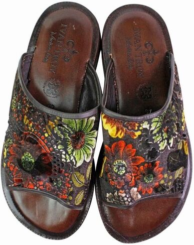 Floral Brown Italian Mens Leather Sandals Shoes in Kuwait