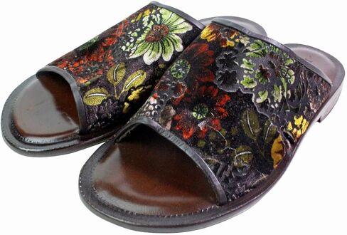 Floral Brown Italian Mens Leather Sandals Shoes in Kuwait