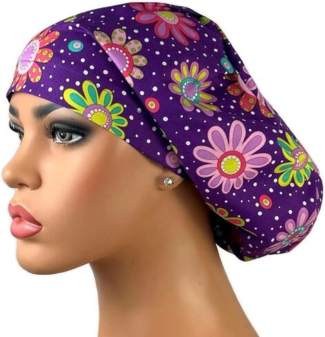 DK Scrub Hats, Euro Scrub Cap, Surgical Scrub Hat, Nurse Gift, Bouffant Hat, Purple Flower Power in Kuwait
