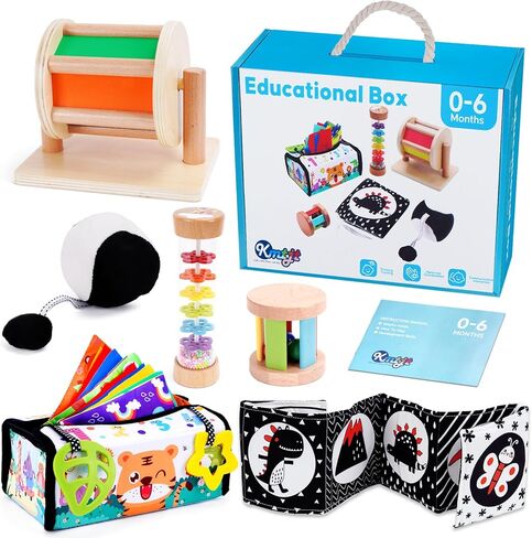 KMTJT Montessori Toys for Babies 0-6 Months | Learning Educational Wooden Sensory Toys for Baby Infant Newborn Toys 0-3-6 Months | Includes Tissue Box, Spinning Drum, Rainmaker and More in Saudi Arabia