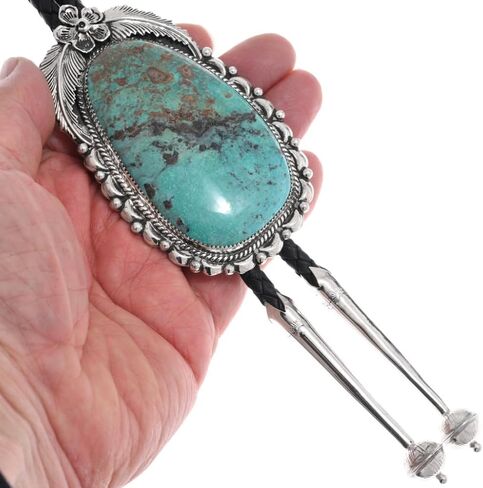 Alltribes Navajo Natural Nevada Number 8 Turquoise Sterling Silver Bolo Tie Traditional Design on Genuine Leather 0426 in Kuwait
