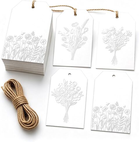 White Embossed Floral Gift Tags, 48 Pcs Raised Flower Hang Tags with 4 Designs, Writable Tags for Wedding Favors, Bridal Shower, Baby Shower, Thank You Gifts, Boutique Wrapping in Kuwait