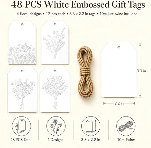 White Embossed Floral Gift Tags, 48 Pcs Raised Flower Hang Tags with 4 Designs, Writable Tags for Wedding Favors, Bridal Shower, Baby Shower, Thank You Gifts, Boutique Wrapping in Kuwait