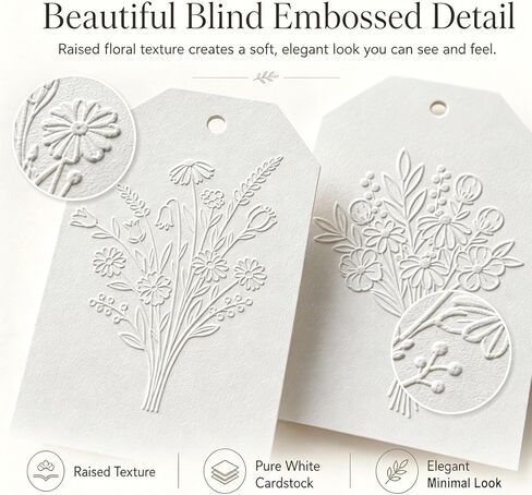 White Embossed Floral Gift Tags, 48 Pcs Raised Flower Hang Tags with 4 Designs, Writable Tags for Wedding Favors, Bridal Shower, Baby Shower, Thank You Gifts, Boutique Wrapping in Kuwait
