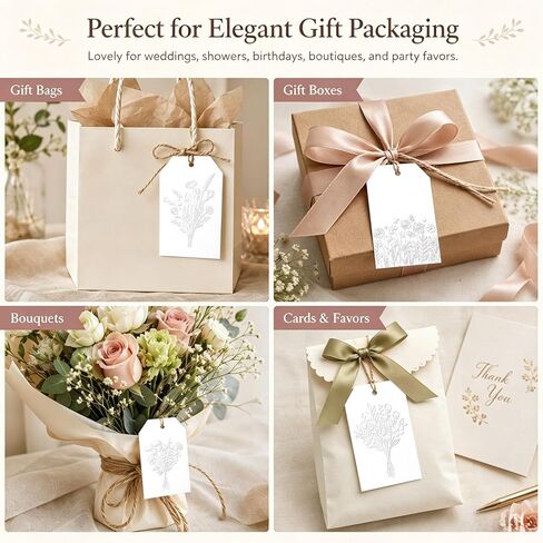 White Embossed Floral Gift Tags, 48 Pcs Raised Flower Hang Tags with 4 Designs, Writable Tags for Wedding Favors, Bridal Shower, Baby Shower, Thank You Gifts, Boutique Wrapping in Kuwait
