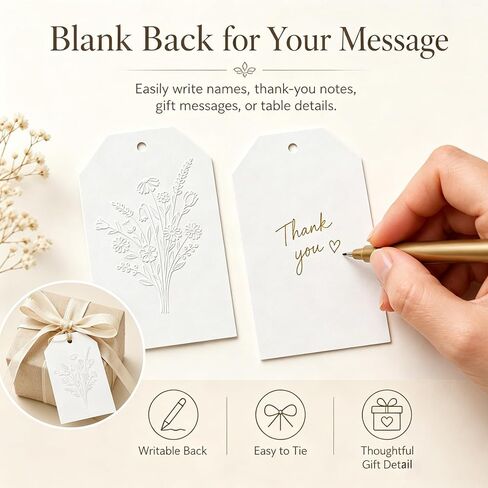White Embossed Floral Gift Tags, 48 Pcs Raised Flower Hang Tags with 4 Designs, Writable Tags for Wedding Favors, Bridal Shower, Baby Shower, Thank You Gifts, Boutique Wrapping in Kuwait