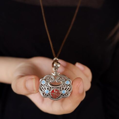 Chinese Style Cloisonné Enamel Ruyi Pendant Necklace Handmade Hollow Sterling Silver Longevity Lock Amulet Jewelry in Kuwait