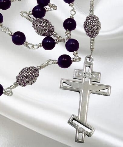 Handmade Unbreakable Orthodox Rosary, Made with Purple Shell Pearls, Silver Finish Stainless Steel Cross in Kuwait