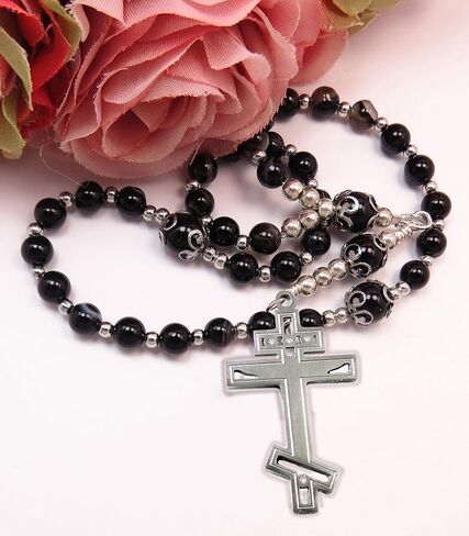 Eastern Orthodox Handmade Rosary Greek Chotki Black Agate with Stainless Steel Cross in Kuwait
