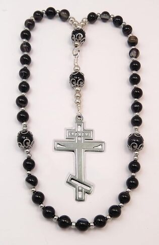 Eastern Orthodox Handmade Rosary Greek Chotki Black Agate with Stainless Steel Cross in Kuwait
