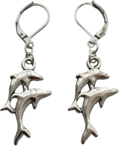 Dolphin Charm Lever Back Earrings, Ocean Lover Jewelry, Goth Drop Pendant Ear Clip in Kuwait