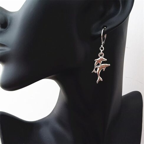 Dolphin Charm Lever Back Earrings, Ocean Lover Jewelry, Goth Drop Pendant Ear Clip in Kuwait