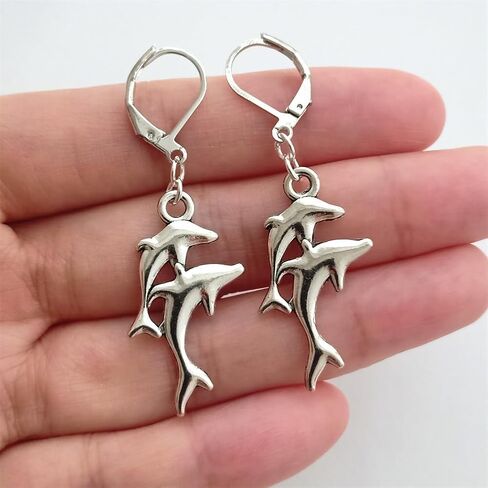 Dolphin Charm Lever Back Earrings, Ocean Lover Jewelry, Goth Drop Pendant Ear Clip in Kuwait