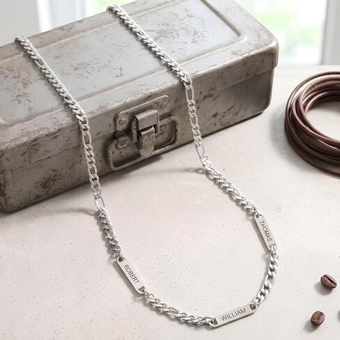 Men Necklace – Engraved Necklaces for Guys with 1–5 Kids Names – Personalized Dad Pendant with Silver Figaro Chain – Custom Gift for Him, Husband, Boyfriend – Father’s Day Jewelry in Kuwait