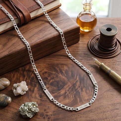 Men Necklace – Engraved Necklaces for Guys with 1–5 Kids Names – Personalized Dad Pendant with Silver Figaro Chain – Custom Gift for Him, Husband, Boyfriend – Father’s Day Jewelry in Kuwait