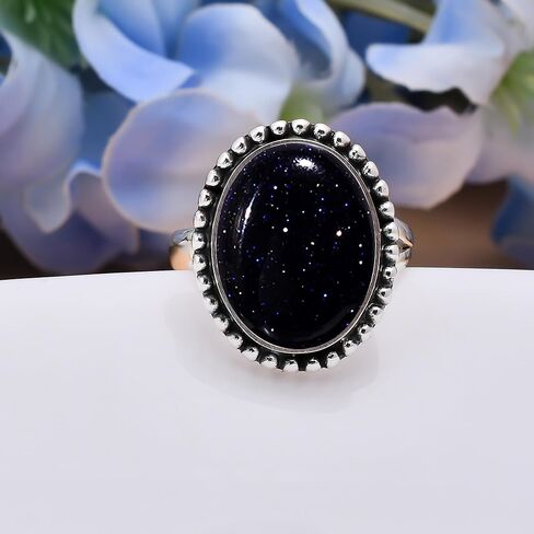 Handmade Blue Sunstone Gemstone Ring – Adjustable 925 Sterling Silver Boho Statement Ring for Women & Men in Kuwait