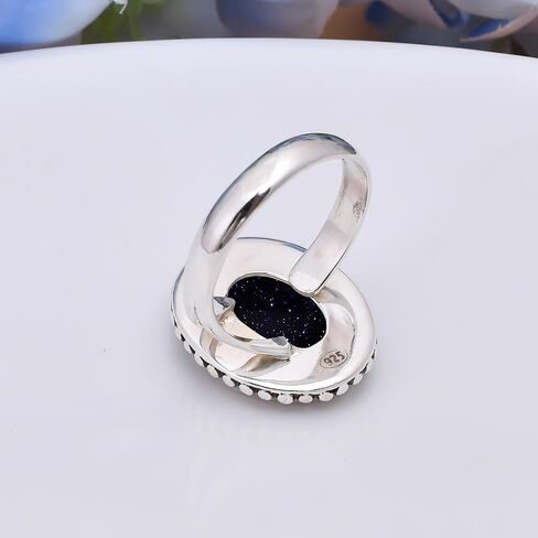 Handmade Blue Sunstone Gemstone Ring – Adjustable 925 Sterling Silver Boho Statement Ring for Women & Men in Kuwait