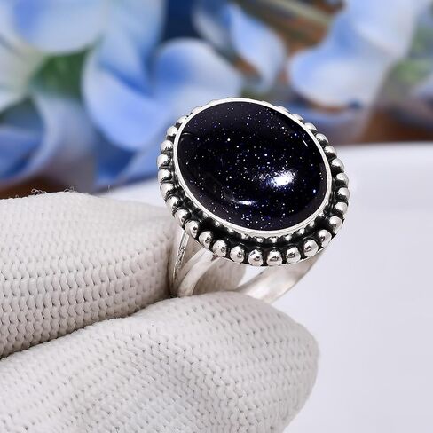 Handmade Blue Sunstone Gemstone Ring – Adjustable 925 Sterling Silver Boho Statement Ring for Women & Men in Kuwait