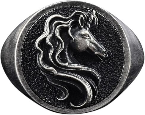 BySilverStone - Mens Unicorn Signet Ring in Silver, Mythical Creature Engraved Jewelry in Kuwait