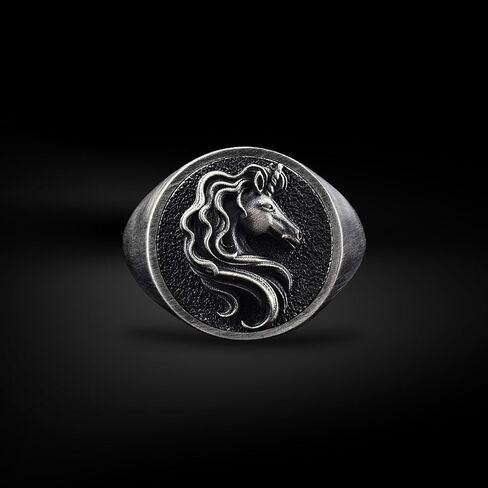 BySilverStone - Mens Unicorn Signet Ring in Silver, Mythical Creature Engraved Jewelry in Kuwait