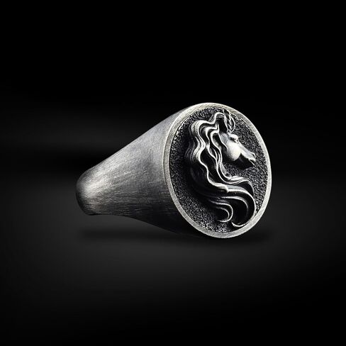 BySilverStone - Mens Unicorn Signet Ring in Silver, Mythical Creature Engraved Jewelry in Kuwait