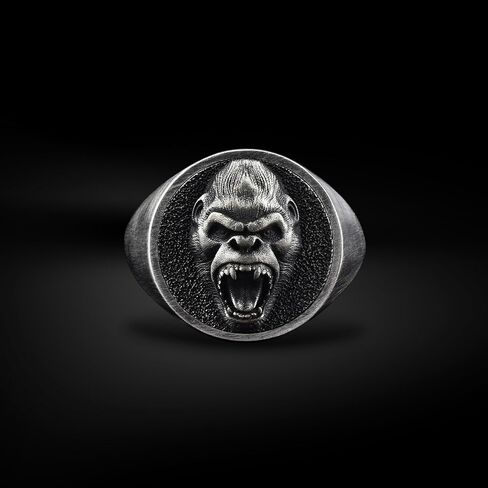 BySilverStone - Gorilla Signet Ring for Men in Silver, Wild Animal Personalized Gift Jewelry in Kuwait