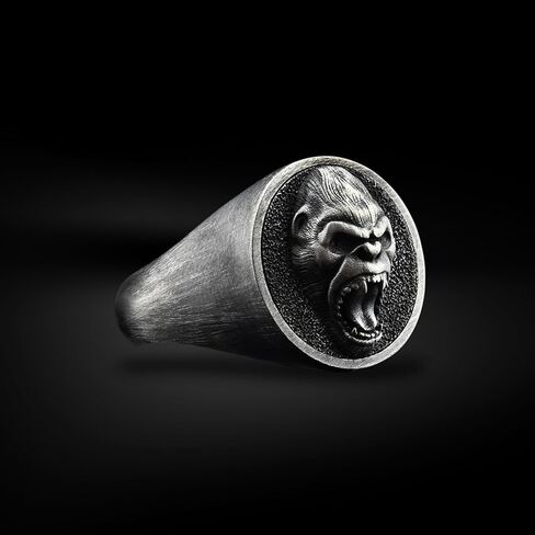BySilverStone - Gorilla Signet Ring for Men in Silver, Wild Animal Personalized Gift Jewelry in Kuwait