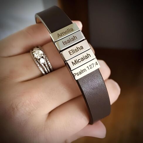 Personalized Dad Bracelet – Custom Engraved Leather Wristband for Men with 1–12 Name Charms – Adjustable Gift for Husband, Boyfriend, or Father – Stainless Steel, Anti-Tarnish, Black Band in Kuwait