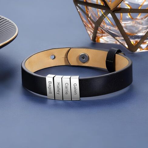 Personalized Dad Bracelet – Custom Engraved Leather Wristband for Men with 1–12 Name Charms – Adjustable Gift for Husband, Boyfriend, or Father – Stainless Steel, Anti-Tarnish, Black Band in Kuwait