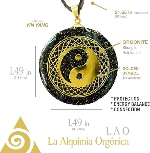 [ LAO ] Reiki Charged Orgonite Pendant Yin Yang 1.5 in | Sacred Geometry Necklace | 7 Quartz + Shungite | 432Hz & 528Hz | Reiki Usui | Black Vegan Cord Included | Handcrafted in Kuwait