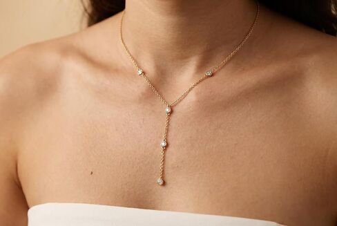 Lariat Necklace - Multi-Bezel CZ Necklace - Y Necklace - Delicate 14k Gold Chain in Kuwait