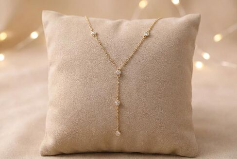 Lariat Necklace - Multi-Bezel CZ Necklace - Y Necklace - Delicate 14k Gold Chain in Kuwait